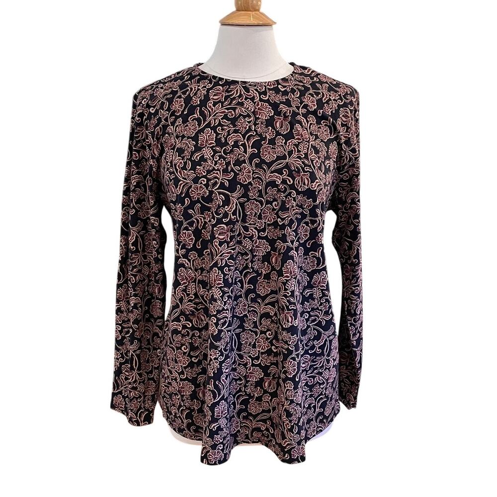 J. Jill Pure Jiil Burgundy Navy Floral Long Sleeve Shirt Tail T-Shirt, Boho, L - Picture 1 of 9